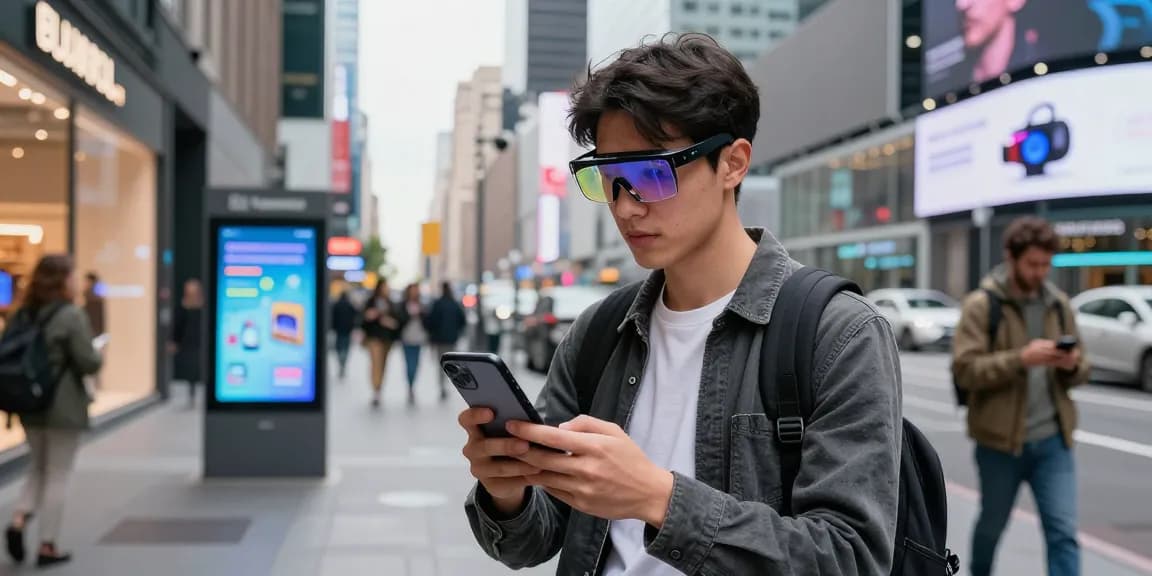 Younger professional using smart glasses for navigation in a vibrant urban environment