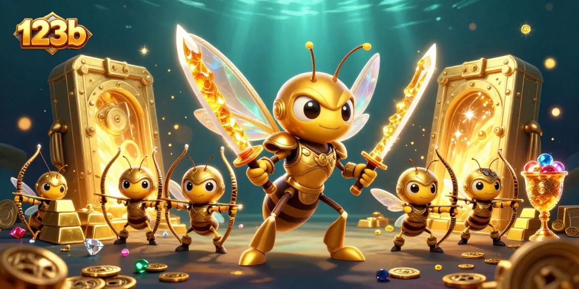 Explore an exciting 123b adventure with a golden hornet samurai in a vibrant casino scene full of treasures.