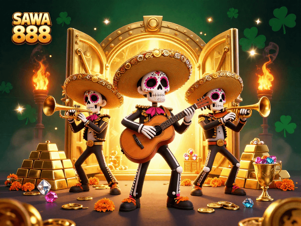Experience thrilling gaming with SAWA 888, featuring a vibrant Day of the Dead mariachi scene amidst shining treasure.