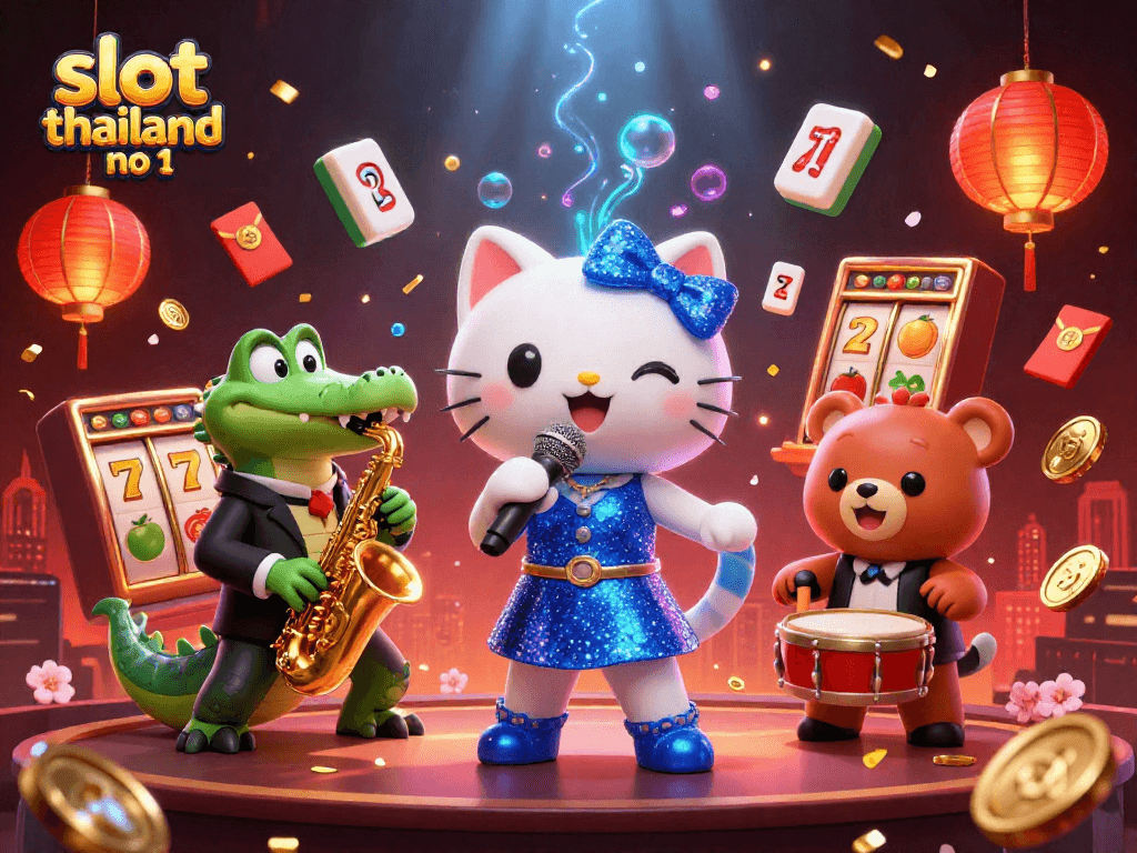 Play slot thailand no 1 with a jazzy cat singer, a crocodile with saxophone, and a bear cub drummer amidst casino elements.