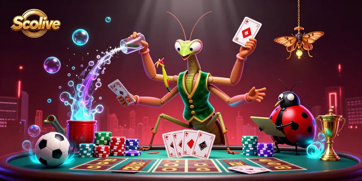 Socolive enhances the betting experience with a dynamic 3D scene featuring a giant mantis card sharp and sports betting elements.