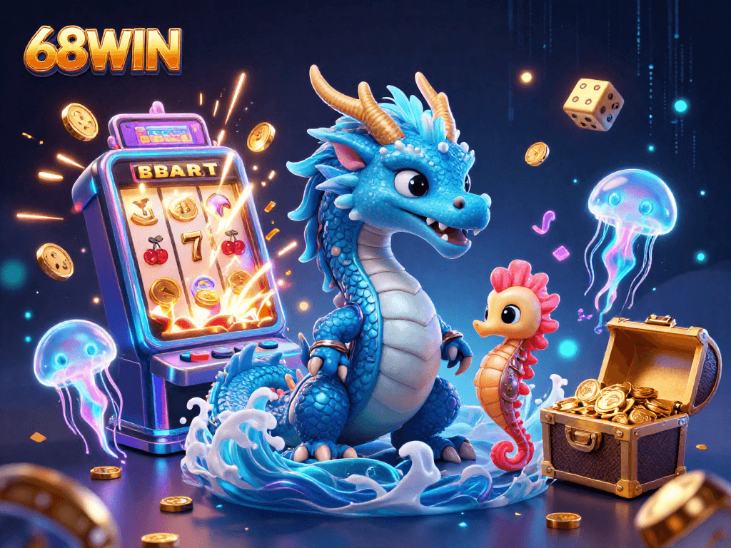 Engage with 68WIN’s thrilling gaming experience featuring a vibrant dragon, slot machine, and oceanic elements.