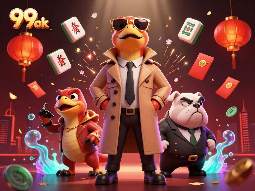 Experience thrilling gaming at 99 ok with raptors disguised in a trench coat entering a casino lounge.