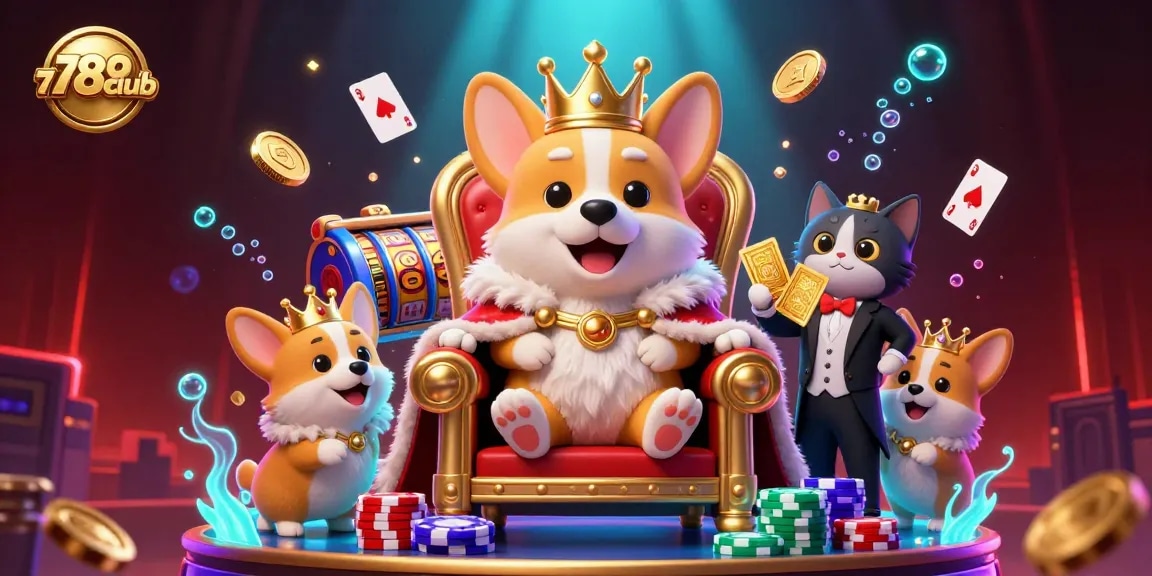 Experience excitement on 789club with vibrant poker chips and a royal corgi in a dynamic casino scene.