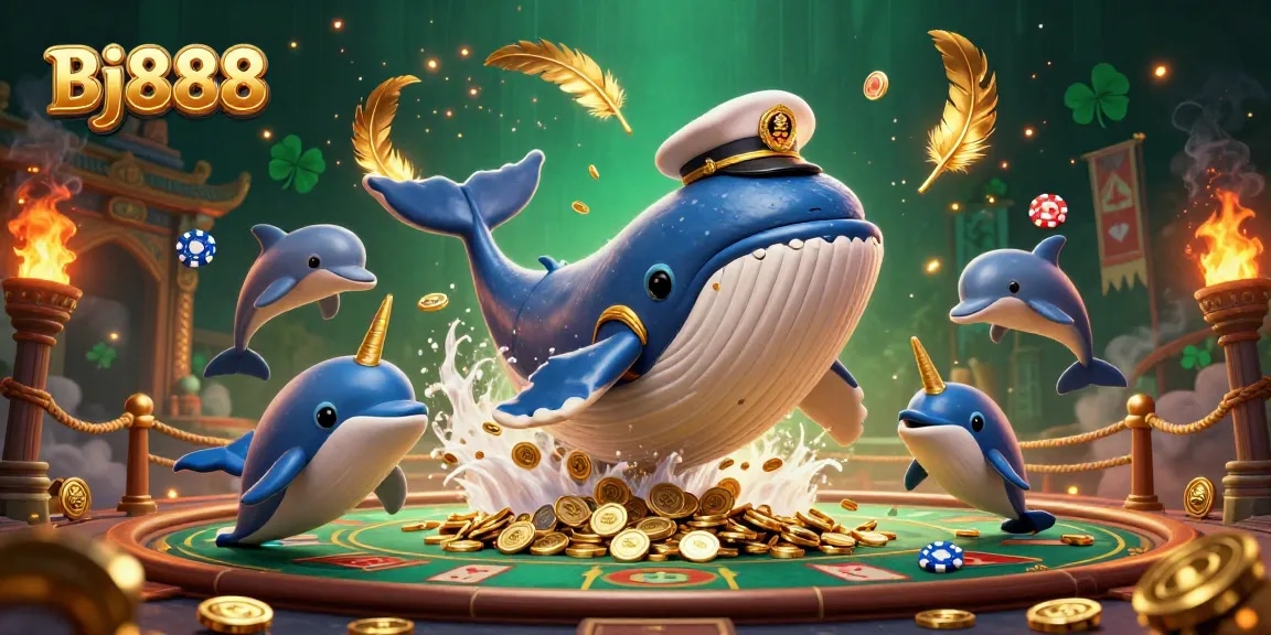 Bj888 immerses you in a vibrant casino scene with whales, narwhals, and dolphins celebrating a jackpot.