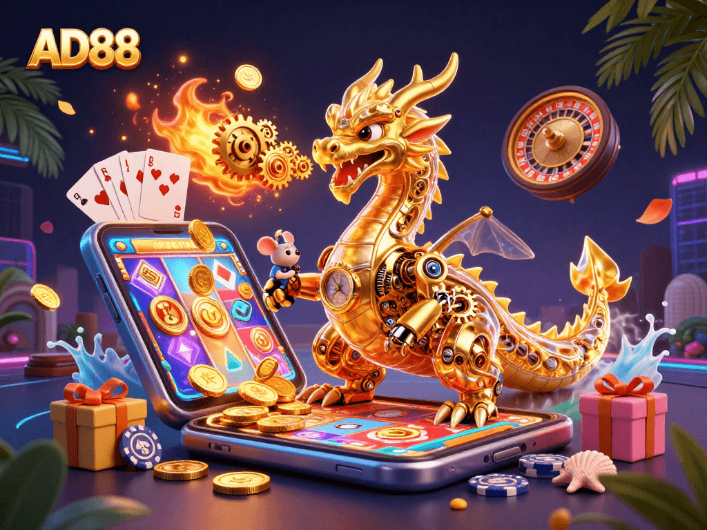 Experience thrilling gameplay at AD88 with an epic dragon, slot games, and golden winnings.