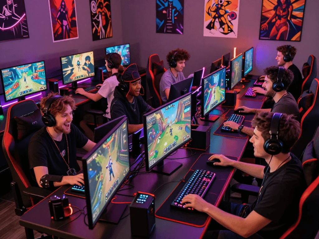 Gamers enjoying entertaining sex games in a lively gaming lounge.