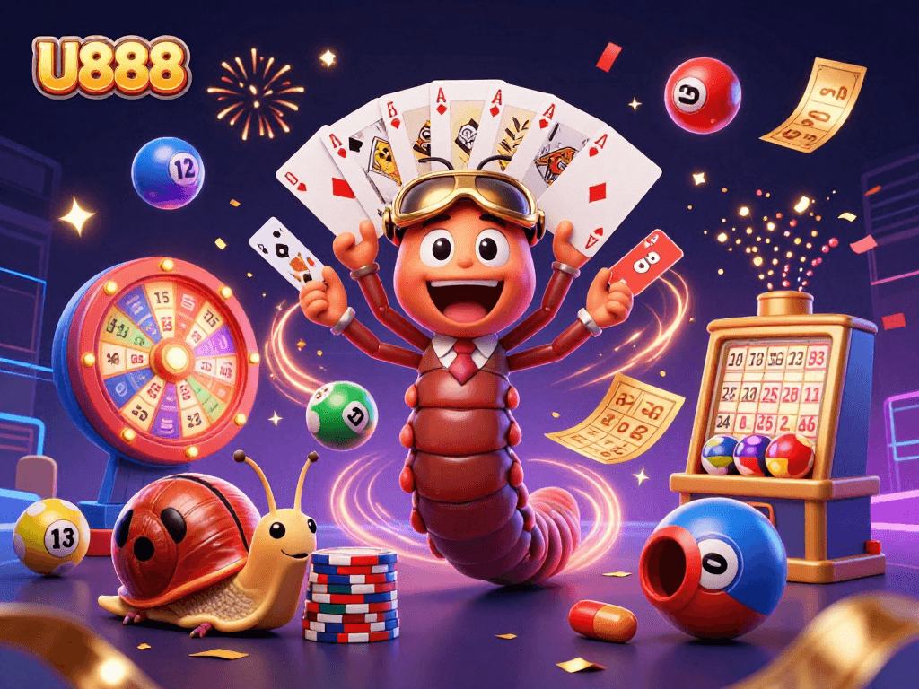U888 attracts players with a vibrant 3D casino scene featuring lively characters and dynamic game elements.