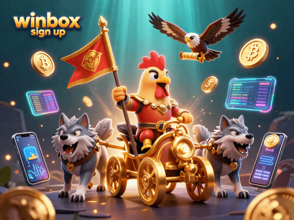 Join the action with winbox sign up, riding a golden chariot in a vibrant casino-themed scene!