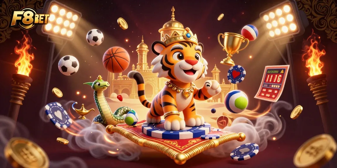 Win big with F8BET, featuring a thrilling Arabian-themed casino adventure full of vibrant elements.