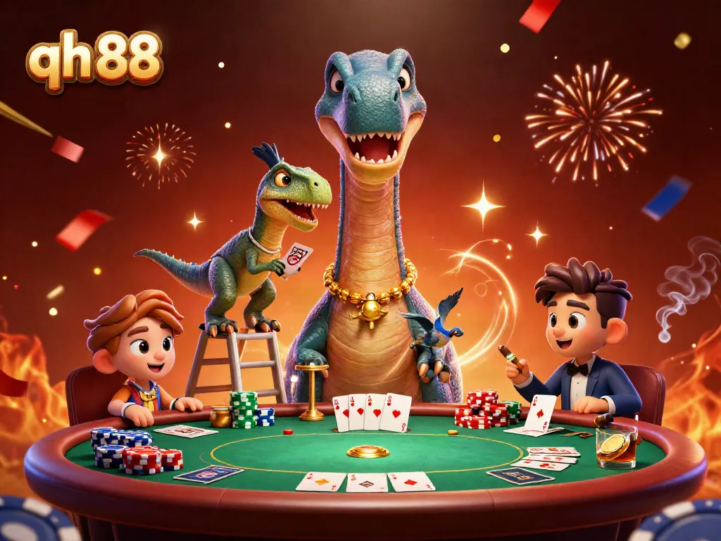 Experience excitement at qh 88 with a vibrant poker scene featuring a savvy raptor dealer amidst a lively casino atmosphere.