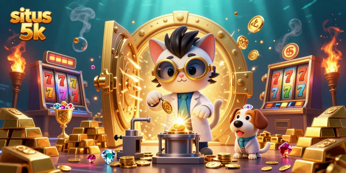 Spark a winning streak at situs 5k with this vibrant illustration of the mad scientist cat and dog creating a gold coin replication machine amid slots and treasures.