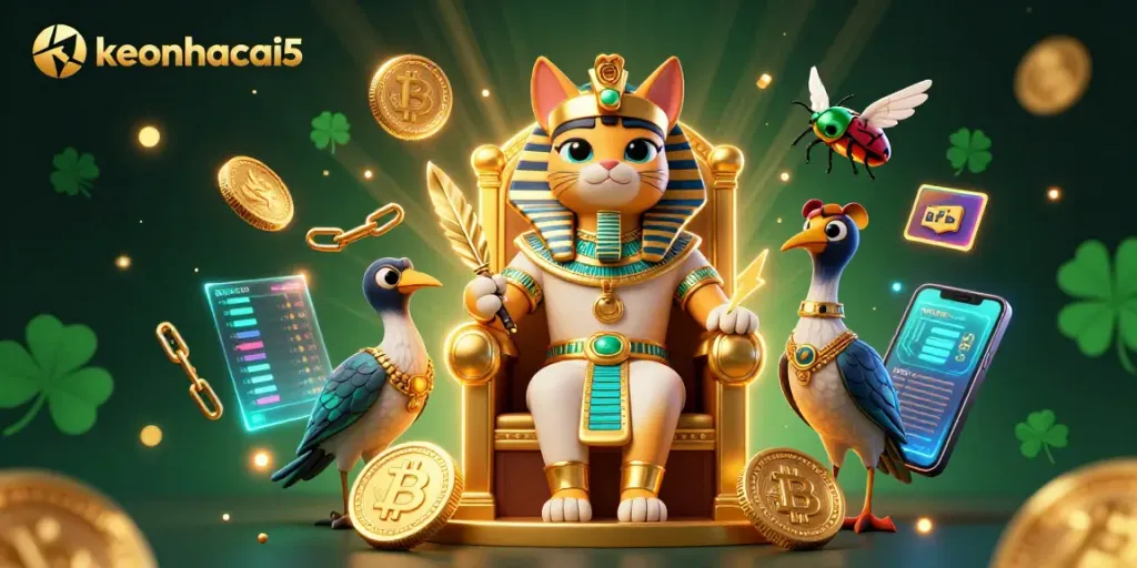 Bet on keonhacai5 with vibrant casino-themed pharaoh cat and crypto elements.