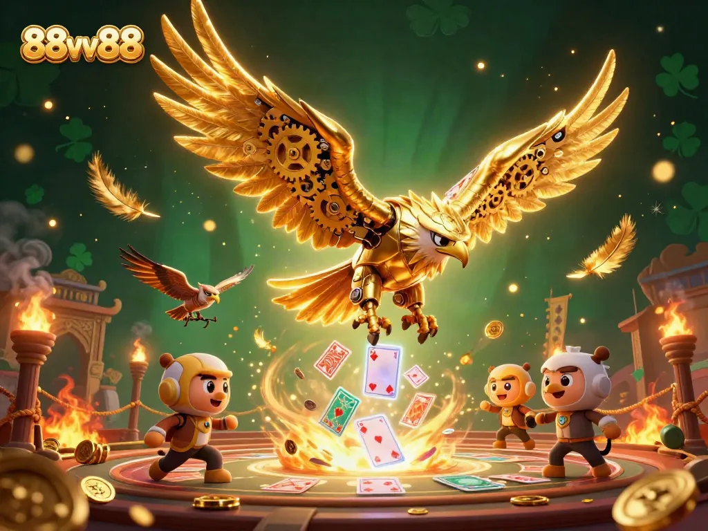 88vv88 showcases a cybernetic golden eagle amidst holographic cards, evoking dynamic casino excitement.