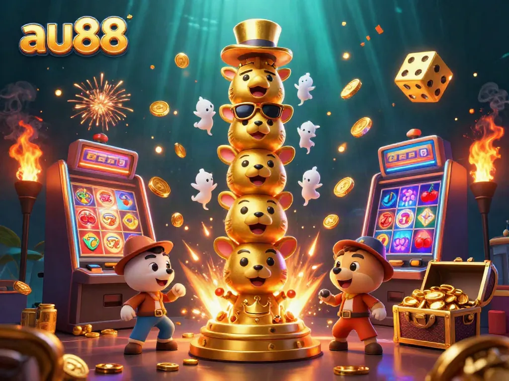 Engage with au88's thrilling casino experience featuring a vibrant 3D scene filled with jackpot excitement.