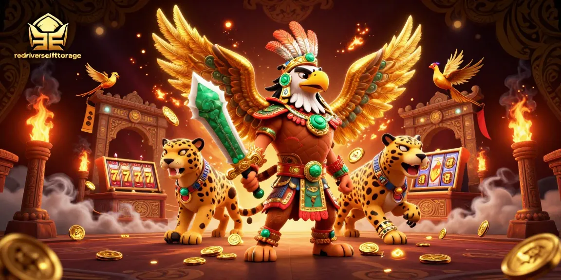 Engage with exciting slot games at redriverselfstorage featuring a vivid illustration of Aztec warriors and jackpot elements.