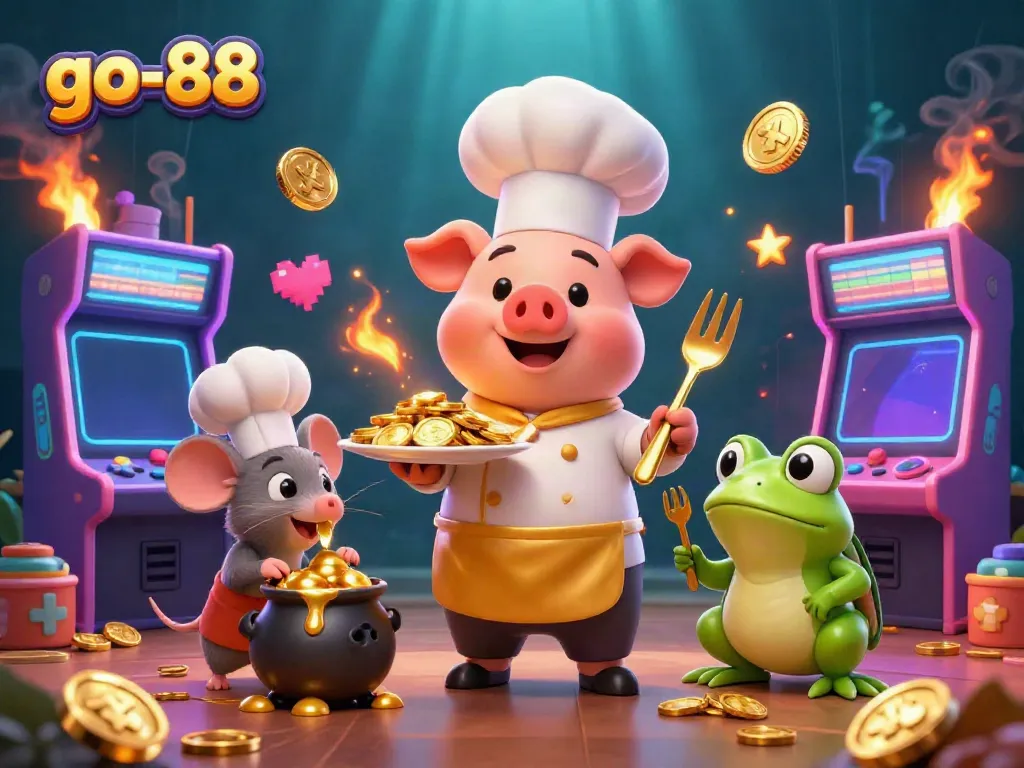 Engage with the thrilling experience of go-88 featuring a chef pig and gold treasures in a vibrant casino world.