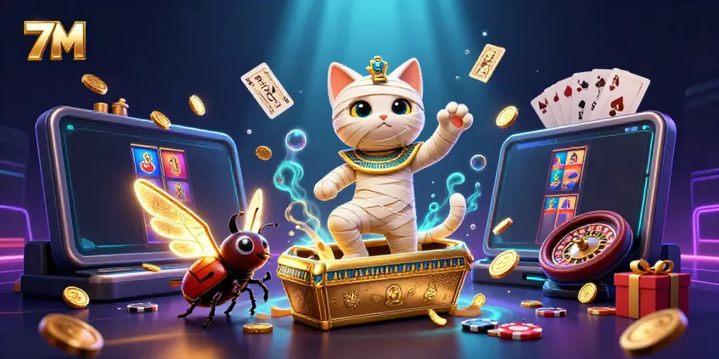 Experience thrilling action with 7M as the mummy cat and scarab beetle come alive in a dynamic casino scene.