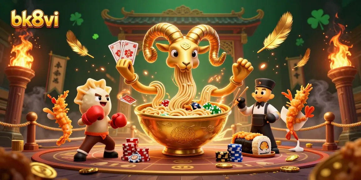 Win big with bk8vi's vibrant 3D illustration featuring a golden ramen bowl dealer and dynamic casino elements.