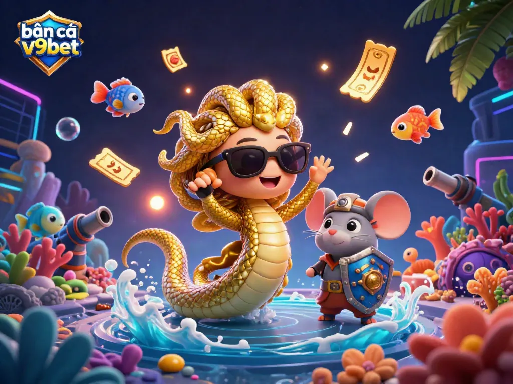 Engage in bắn cá v9bet amidst a vibrant underwater world with colorful game elements and playful characters.