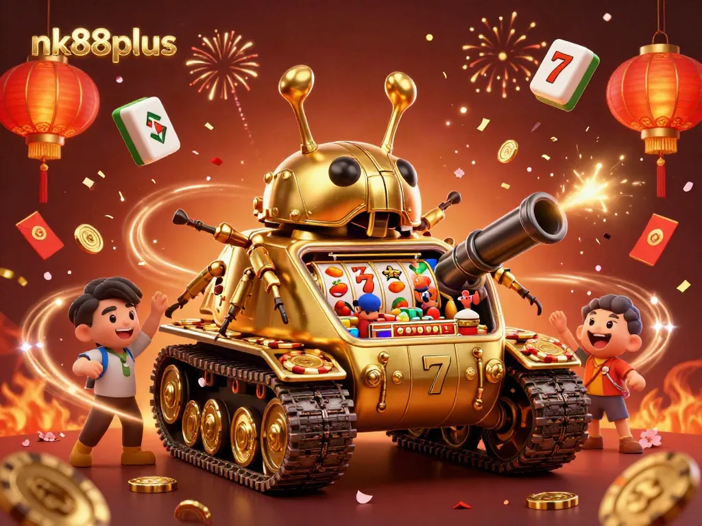 Spin for big wins at nk88plus with a golden beetle tank themed casino illustration!