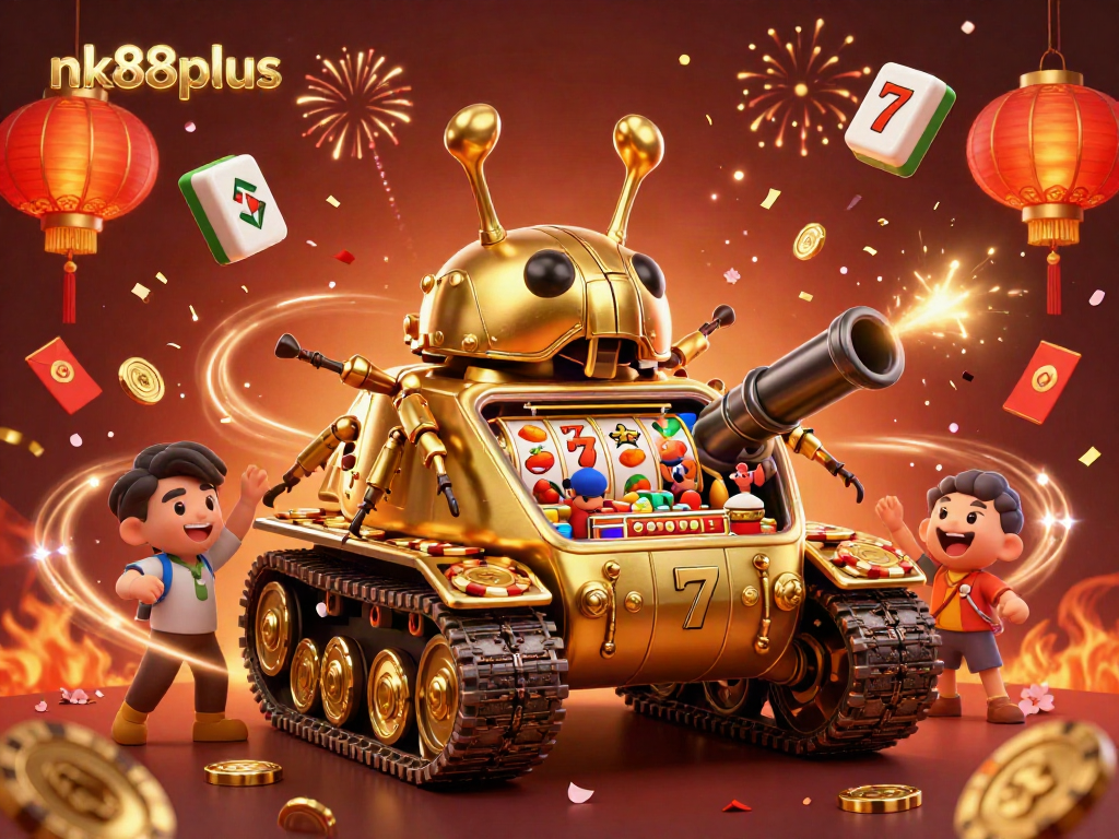Spin for big wins at nk88plus with a golden beetle tank themed casino illustration!