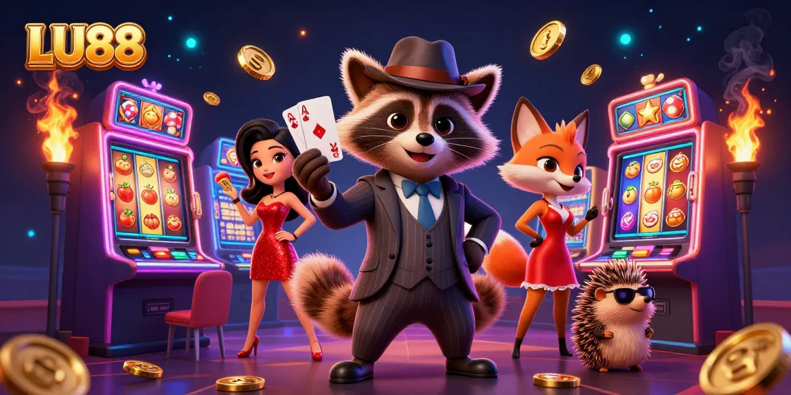 Enjoy thrilling slots gameplay at LU88 with a raccoon in a royal flush hand surrounded by vibrant casino elements.