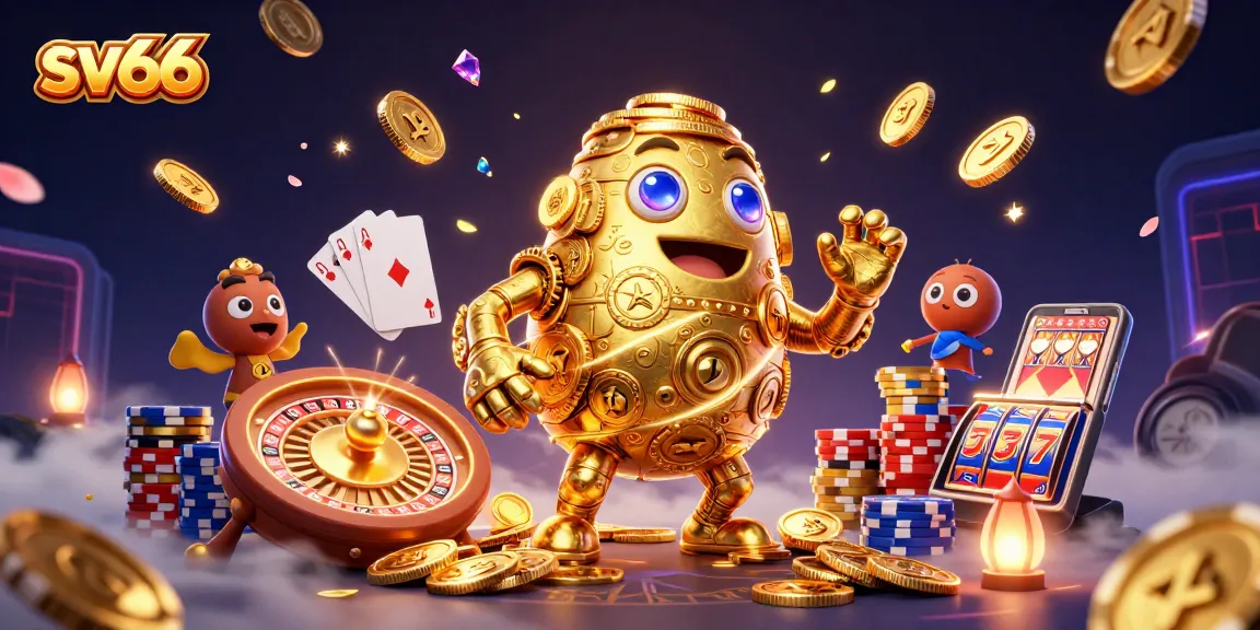 Spin the reels and win at sv66, featuring a dynamic casino scene with golden elements and gaming symbols.