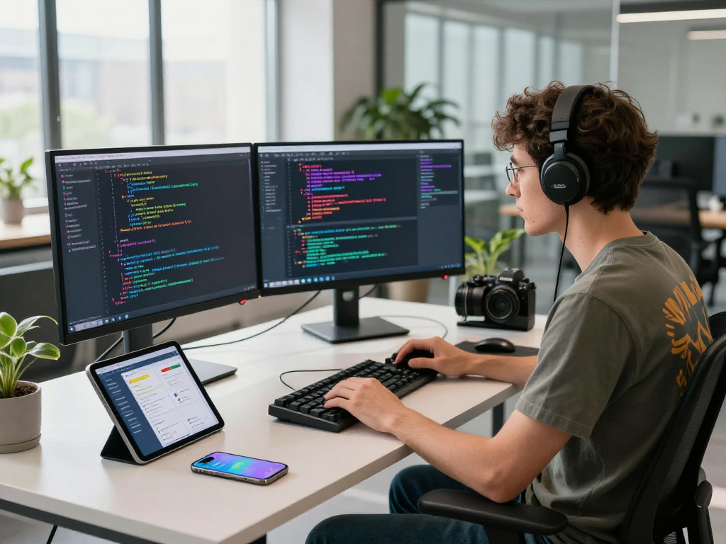 Focused developer coding NSFW AI software in a modern tech workspace.