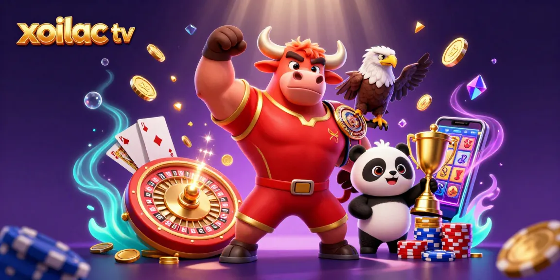 Xoilac TV gambling scene featuring a muscular bull, eagle, and panda with vibrant casino elements and dynamic energy.