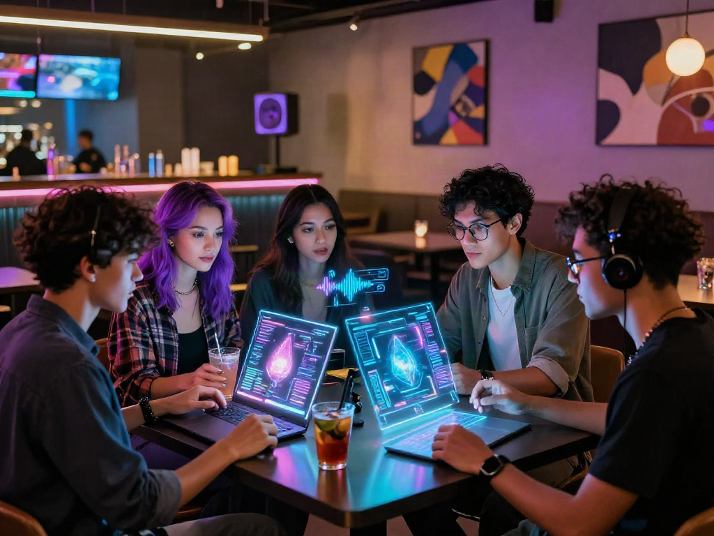 Dynamic urban nightlife scene with NSFW AI technology showcased in interactive displays and vibrant atmosphere.