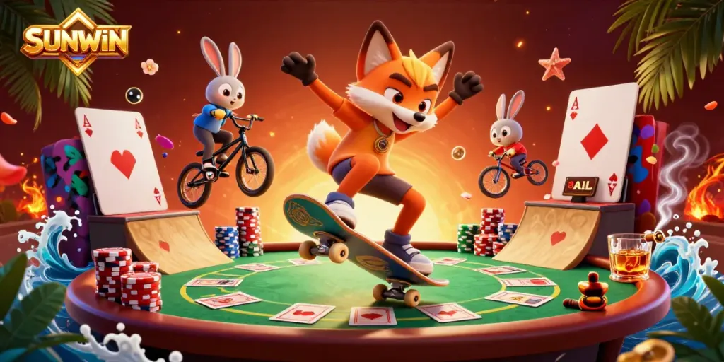 SUNWIN-themed dynamic 3D scene with cartoon characters engaging in vibrant casino activities.