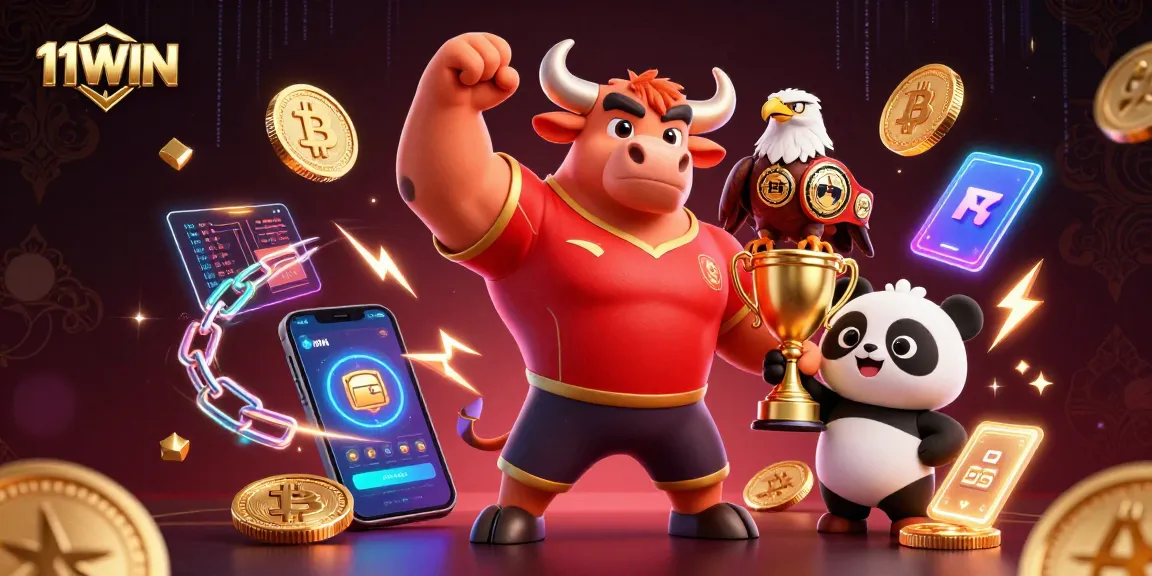 Embrace winning strategies with 11WIN in this vibrant casino-themed illustration featuring a joyful bull mascot.