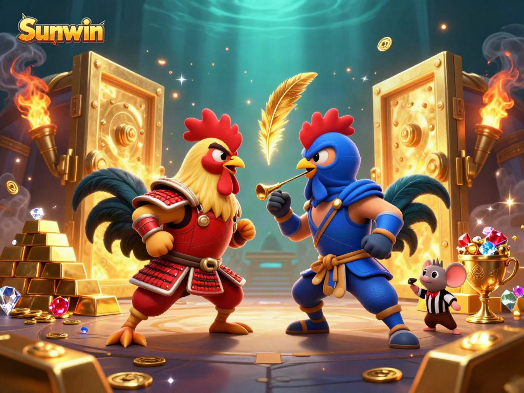 Engage in thrilling gameplay with Sunwin through a vibrant 3D illustration featuring dynamic roosters and treasures.