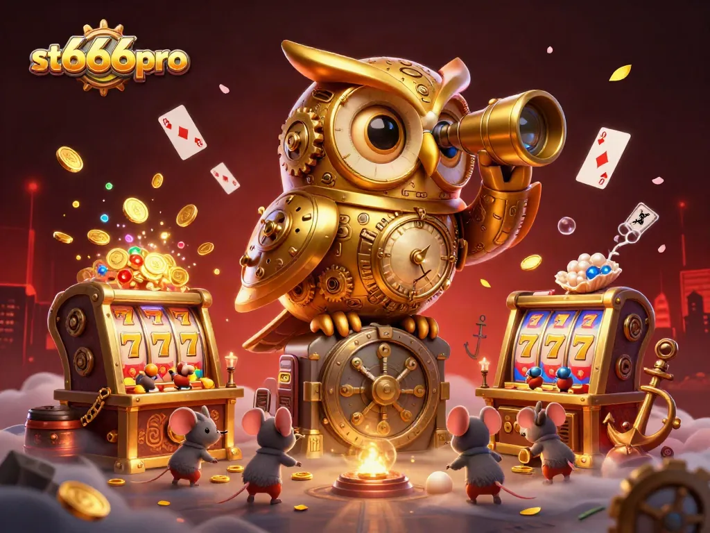 Win big at st666pro with our exciting 3D casino scene featuring animated slot machines and a whimsical owl.