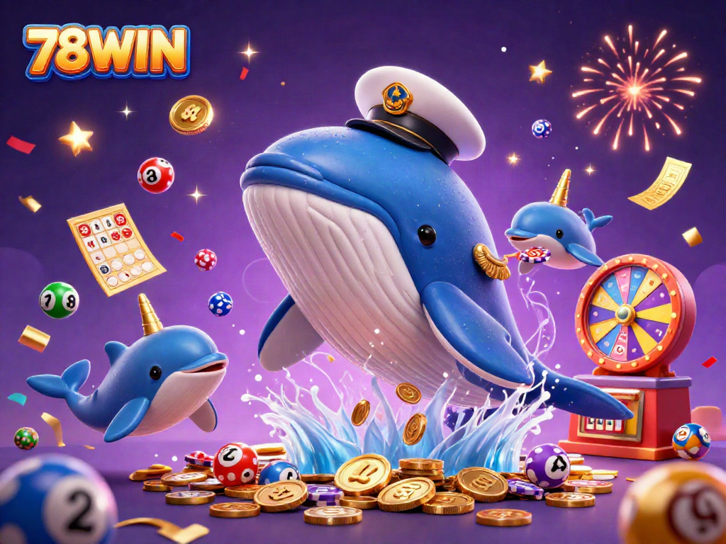 Experience the vibrant and dynamic scene of 78WIN with a whale and playful dolphins surrounded by thrilling gambling elements.