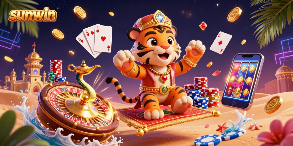 Win big at sunwin with a vibrant 3D casino scene featuring a tiger sultan and dazzling game elements.