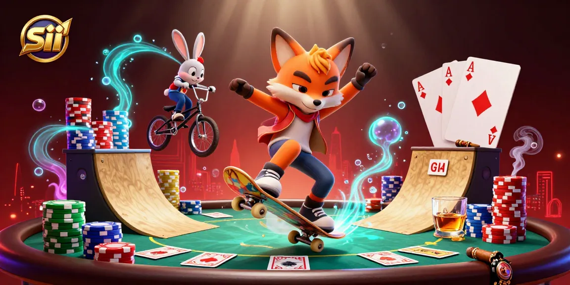 Engage with sii at vibrant credit card casinos, featuring energetic characters above poker elements and casino symbols.