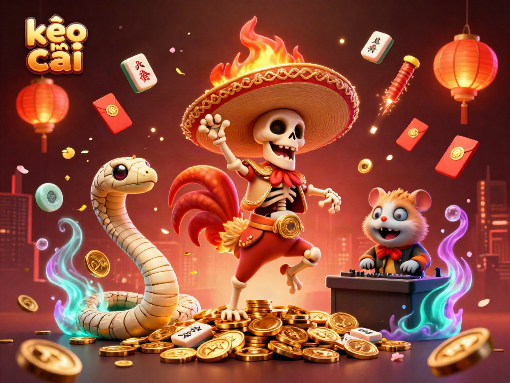 Dynamic kèo nhà cái scene with a mariachi rooster, mummy snake, and zombie DJ celebrating amidst golden coins and festive decor