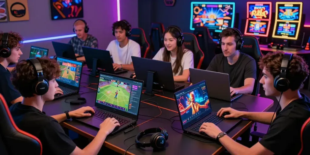 Excited players engaging with da88 online gaming interface in a lively atmosphere.