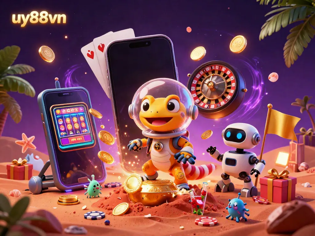 Engage with the uy88vn jackpot discovery scene featuring a Martian gecko and casino gold, encapsulated in vivid detail.