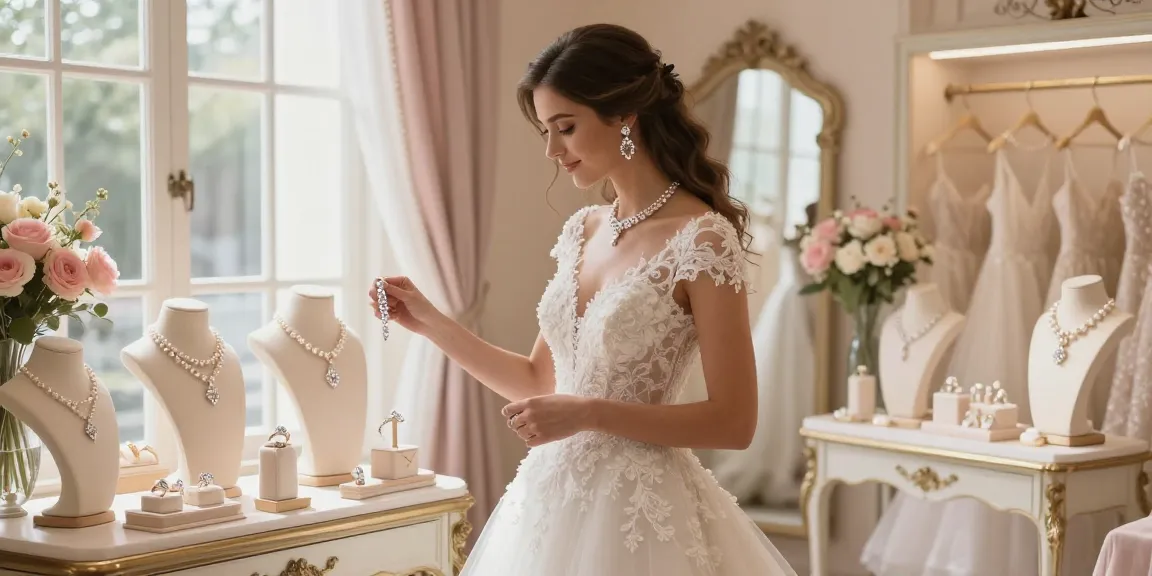 Luxury bridal jewellery displayed in an elegant bridal boutique, showcasing exquisite designs during wedding preparations.