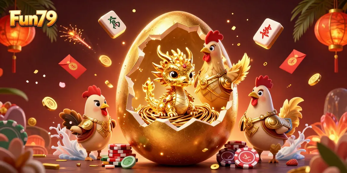 Engage with Fun79 to unlock the treasures of a golden dragon amidst poker chips and vibrant casino elements.