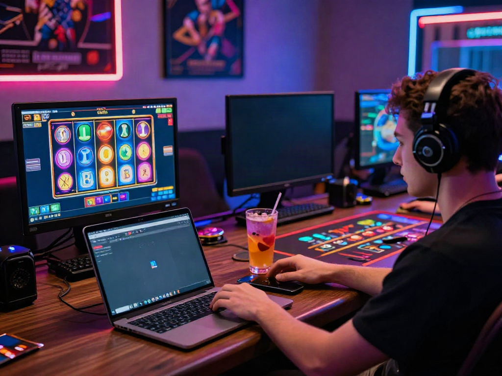 Intense gaming moment at casinos that accept credit card, featuring player engaged with vibrant slot machine game on laptop in cozy gaming room.