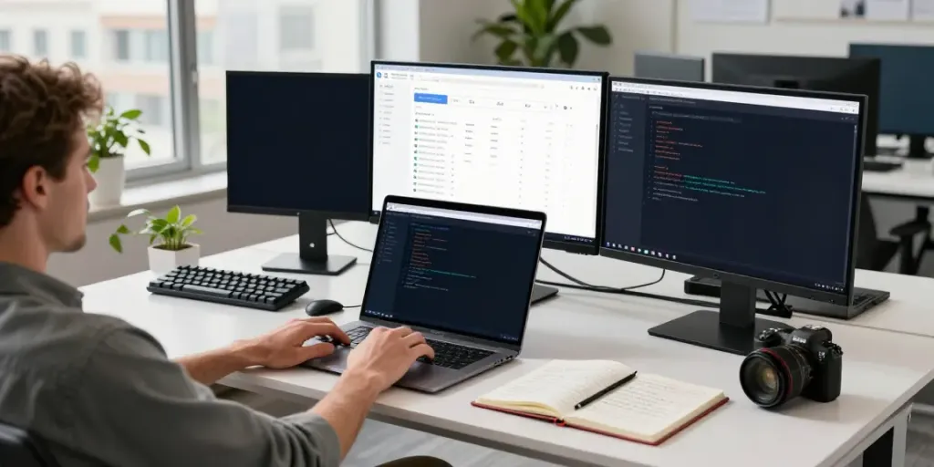 Dynamic workspace focused on instant indexing with developer at a desk surrounded by tech gadgets and monitors.