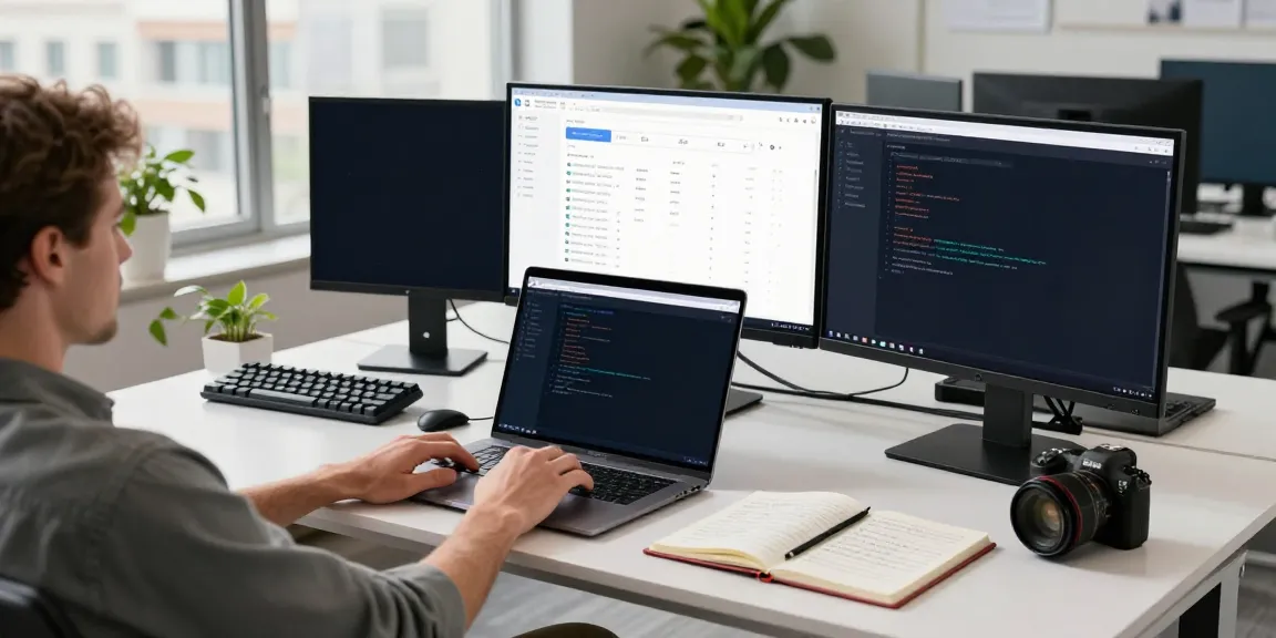 Dynamic workspace focused on instant indexing with developer at a desk surrounded by tech gadgets and monitors.