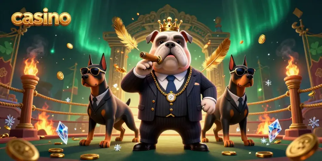 Casino gaming scene with a mafia bulldog and bodyguards amid gold coins and dynamic elements.