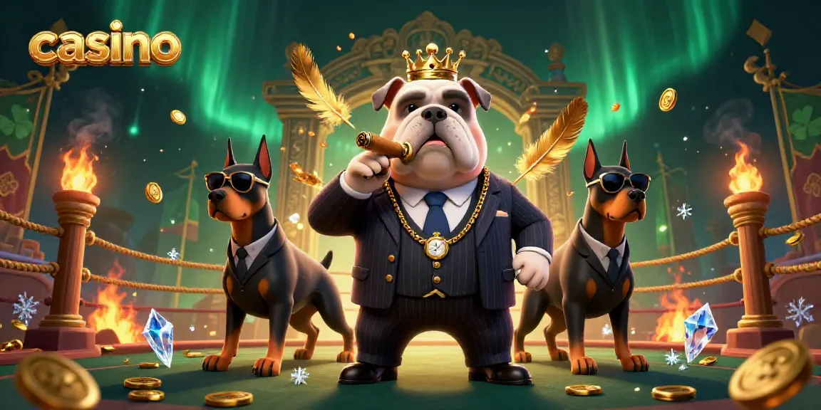 Casino gaming scene with a mafia bulldog and bodyguards amid gold coins and dynamic elements.