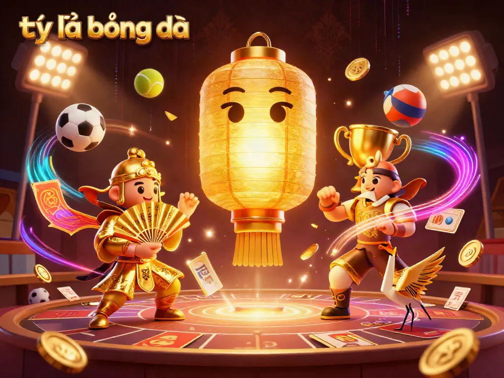 Bet on tỷ lệ bóng đá with 3D sports elements and vibrant casino spirit illustration.