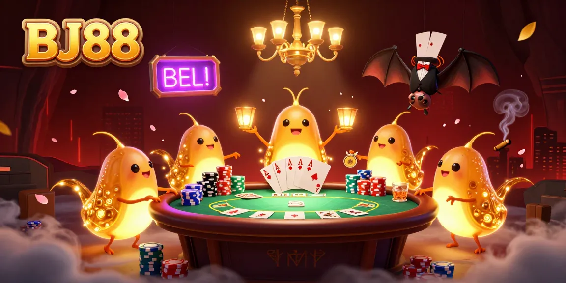 Engage with BJ88's vibrant 3D casino scene featuring neon-lit glowworms, poker action, and immersive elements.